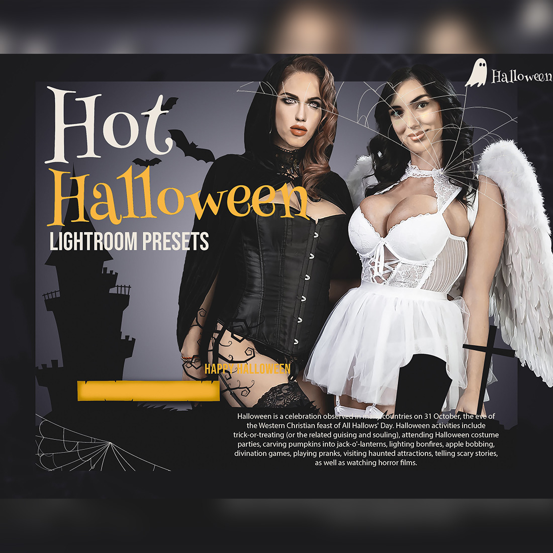 12 Hot Halloween Lightroom Presets, Sexy Moody Preset, Erotic Horror Desktop LR Filter DNG Portrait Lifestyle Top Theme Blogger Instagram cover image.