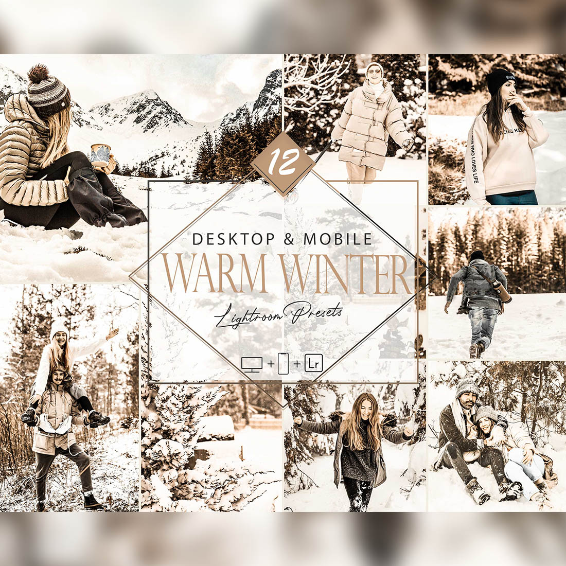 12 Warm Winter Lightroom Presets, Holiday Season Preset, Brownie Snow Desktop LR Filter, DNG Portrait Lifestyle, Top Theme, Autumn Blogger Instagram cover image.