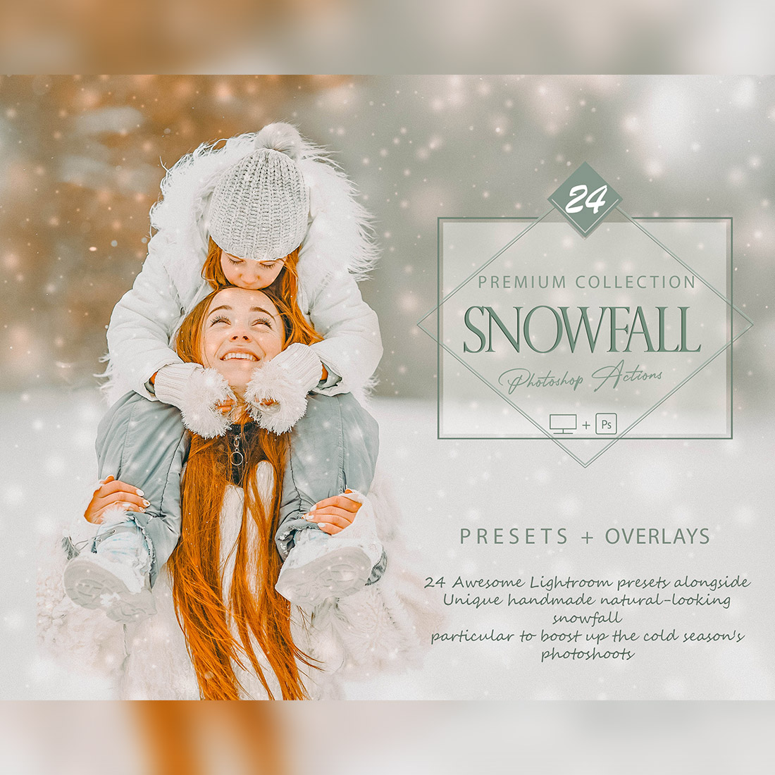 24 Snowfall Photoshop Actions, Winter ACR Preset, Snow Overlay Ps Filter, Portrait And Lifestyle Theme For Instagram, Blogger, Outdoor cover image.