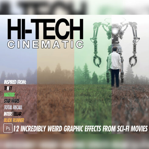 12 HI-TECH Cinematic Photoshop Actions, Color Grad ACR Preset, SCI-FI Movie Filter, Portrait And Lifestyle Theme For Instagram, Blogger, Beauty cover image.