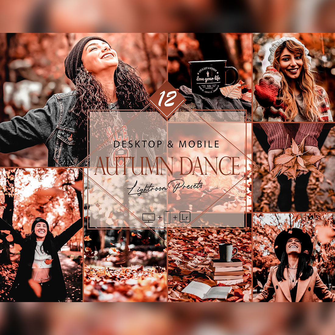 12 Autumn Dance Lightroom Presets, Fall Preset, Red leaves Desktop LR Filter, DNG Portrait Lifestyle, Orange Top Theme, Fall Blogger Instagram cover image.