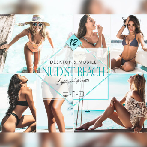 12 Nudist Beach Lightroom Presets, Blue Preset, Aqua Sea Desktop LR Filter, DNG Portrait Lifestyle, Top Theme, Summer Blogger Instagram cover image.