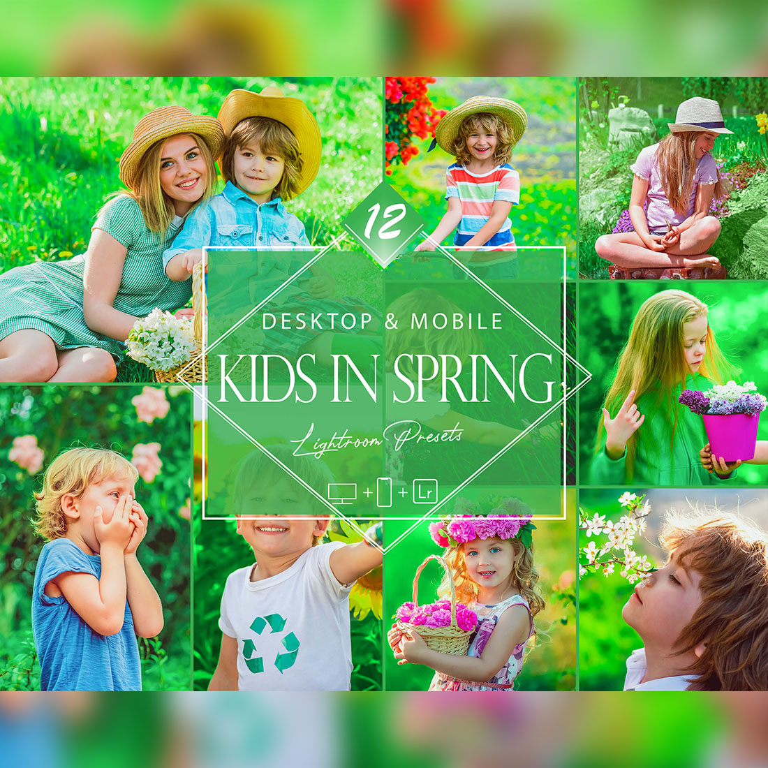 12 Kids In Spring Lightroom Presets, Childern Mobile Preset, Green Baby Desktop LR Filter DNG Portrait Lifestyle Theme Moody Blogger Instagram cover image.