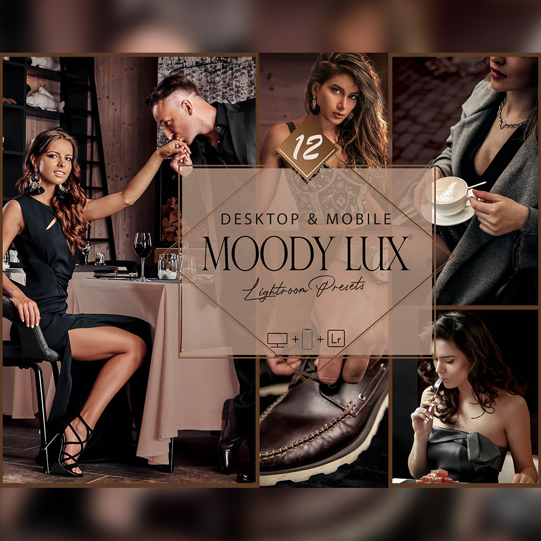 12 Moody Lux Lightroom Presets, Luxuries Preset, Black Autumn Desktop LR Filter, DNG Portrait Lifestyle, Top Theme, Matte Blogger Instagram cover image.