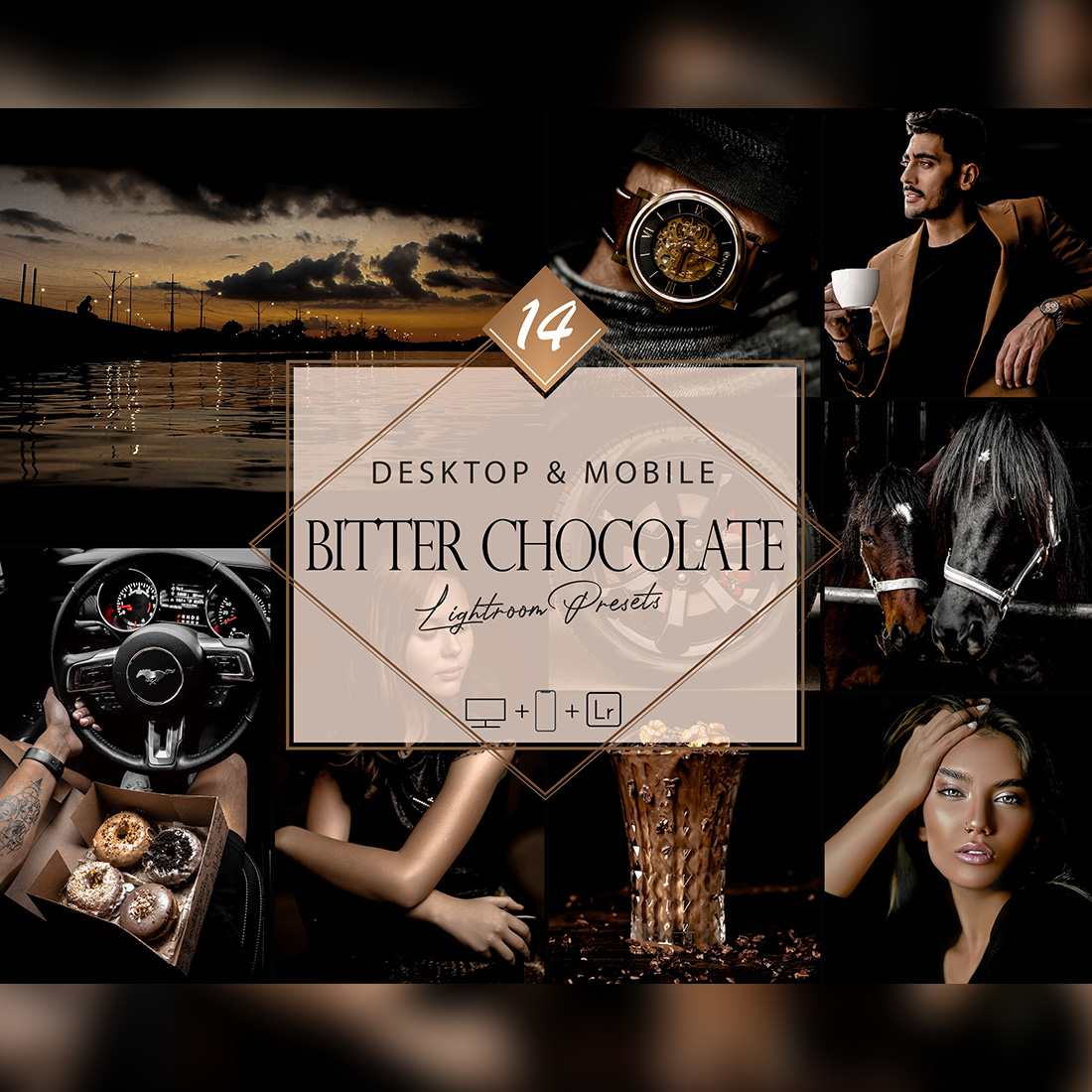 14 Bitter Chocolate Lightroom Presets, Brown Preset, Moody Desktop LR Filter, DNG Portrait Lifestyle, Top Theme, Summer Blogger Instagram cover image.