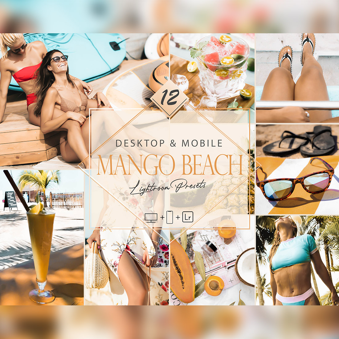 12 Mango Beach Lightroom Presets, Tropical Preset, Aqua Sea Desktop LR Filter, DNG Portrait Lifestyle, Top Theme, Summer Blogger Instagram cover image.