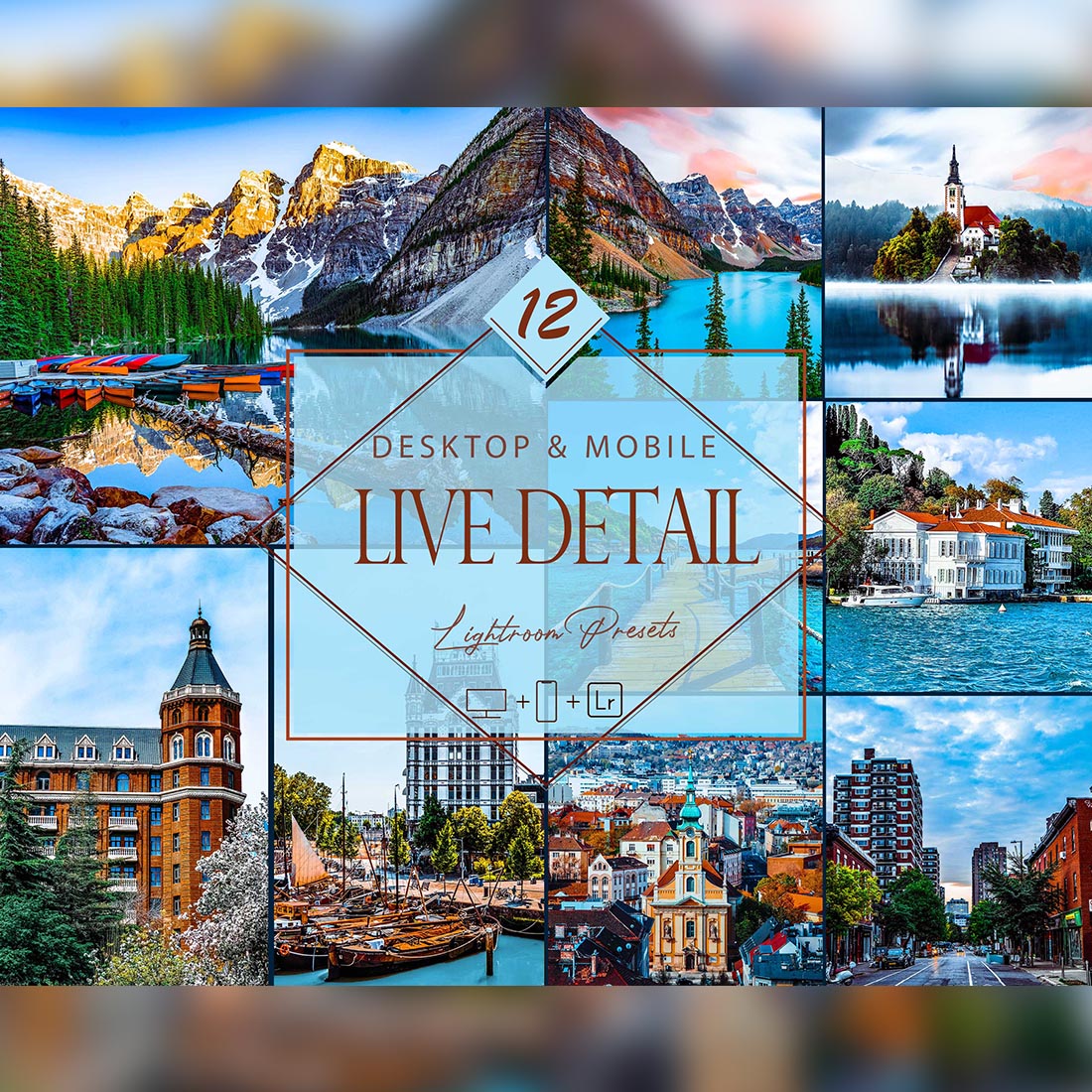 12 Live Detail Lightroom Presets, Sharp HDR, Landscape Desktop LR Filter, DNG Real State, Top Theme, Travel Blogger Instagram cover image.