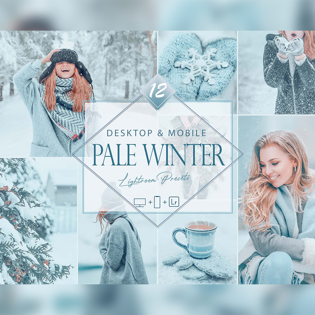 12 Pale Winter Lightroom Presets, Snowy Preset, Pastel Desktop LR Filter, DNG Portrait Lifestyle, Top Theme, Autumn Blogger Instagram cover image.