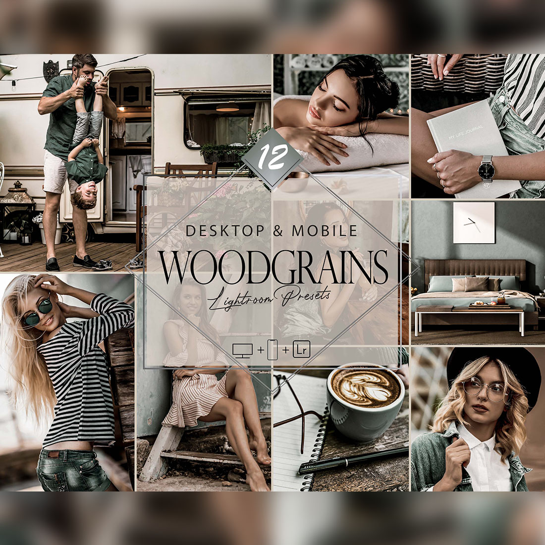 12 Woodgrains Lightroom Presets, Green Preset, Brown Desktop LR Filter, DNG Portrait Lifestyle, Top Theme, Spring Blogger Instagram cover image.