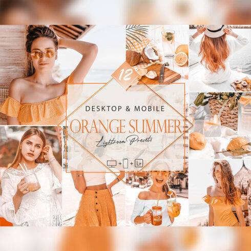 12 Orange Summer Lightroom Presets, Monochromatic Preset, Bright Desktop LR Filter, DNG Portrait Lifestyle, Top Theme, Blogger Instagram cover image.