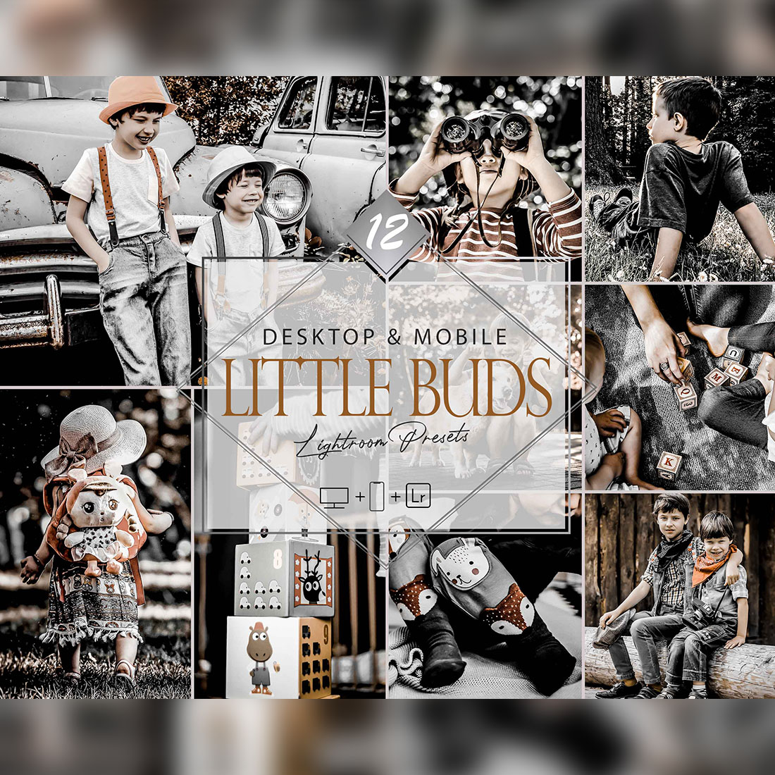 12 Little Buds Lightroom Presets, Moody Kids Preset, HDR Children Desktop LR Filter, DNG Portrait Lifestyle, Top Theme, Summer Blogger Instagram cover image.