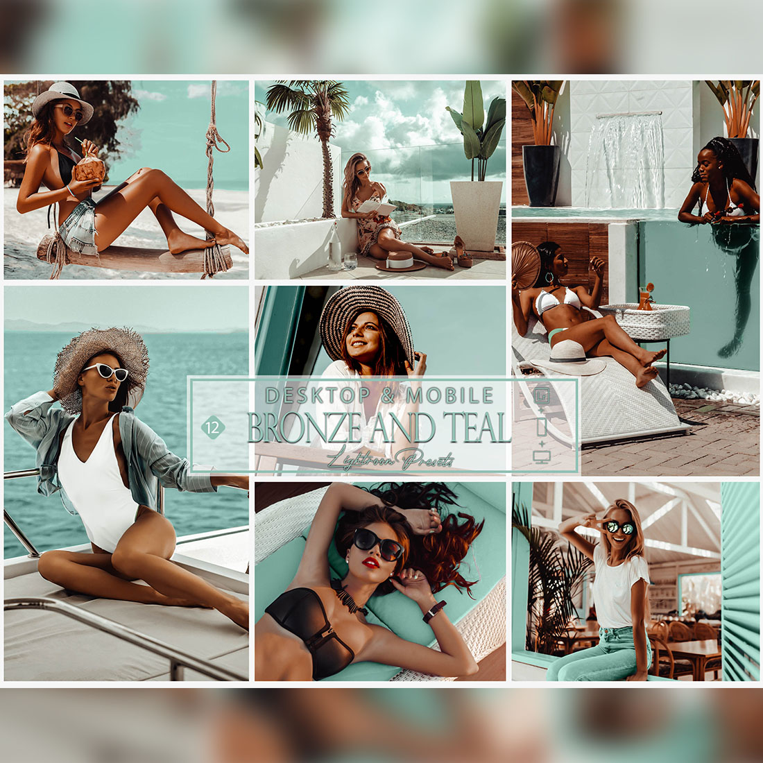 12 Bronze And Teal Lightroom Presets, Blue Brown Preset, Bright Desktop LR Filter, DNG Summer Beach, Bronzing, New Colors, Sunbathing, Best cover image.