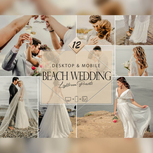 12 Beach Wedding Lightroom Presets, Wedding Preset, Beach Desktop LR Filter, DNG Portrait Lifestyle, Top Theme, Summer Blogger Instagram cover image.