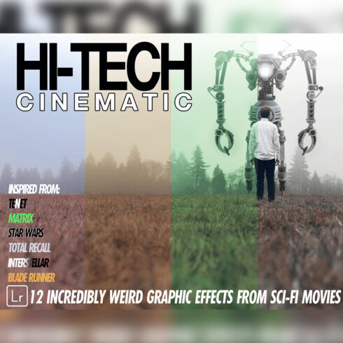 12 Hi-Tech Cinematic Lightroom Presets, Sci-Fi Mobile Preset, Color Desktop LR Filter DNG Artist Top Movie Theme Blogger Instagram cover image.