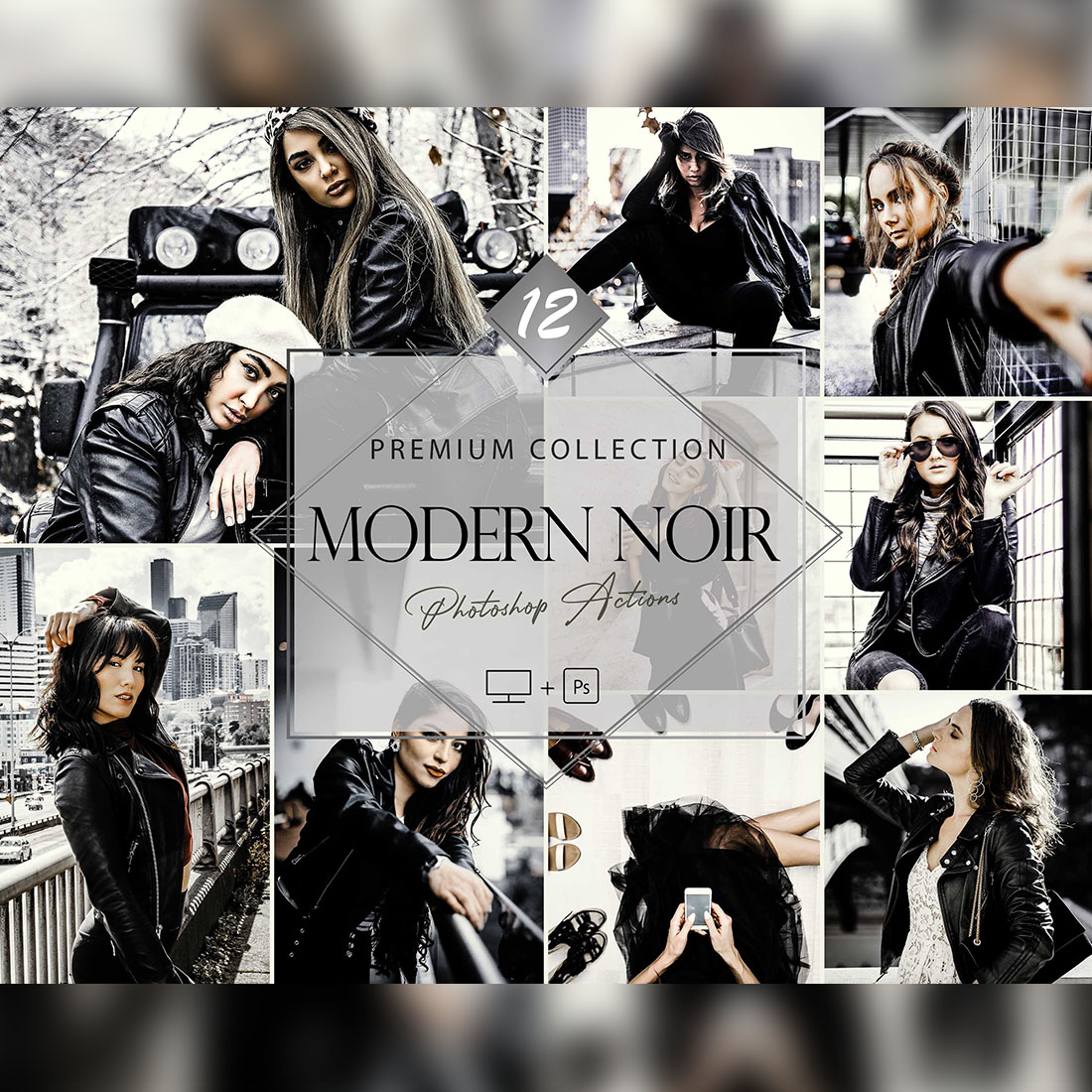 12 Modern Noir Photoshop Actions, Winter Fashion ACR Preset, Monochromatic Ps Filter, Portrait And Lifestyle Theme For Instagram, Blogger, Autumn Outdoor cover image.