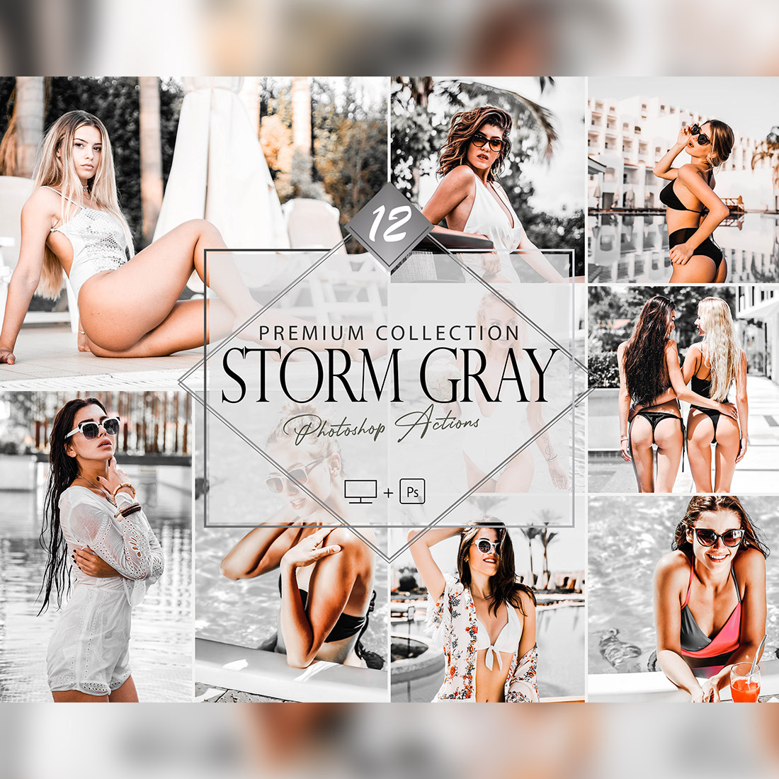 12 Storm Gray Photoshop Actions, Bright Grey Preset, Monochromatic Ps Filter, Portrait And Lifestyle Theme For Instagram, Blogger, Outdoor cover image.