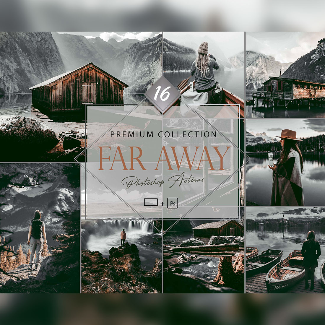 16 Far Away Photoshop Actions, Gray Landscape ACR Preset, Noir Ps Filter, monotone And Lifestyle Theme For Instagram, Blogger, gray Outdoor cover image.