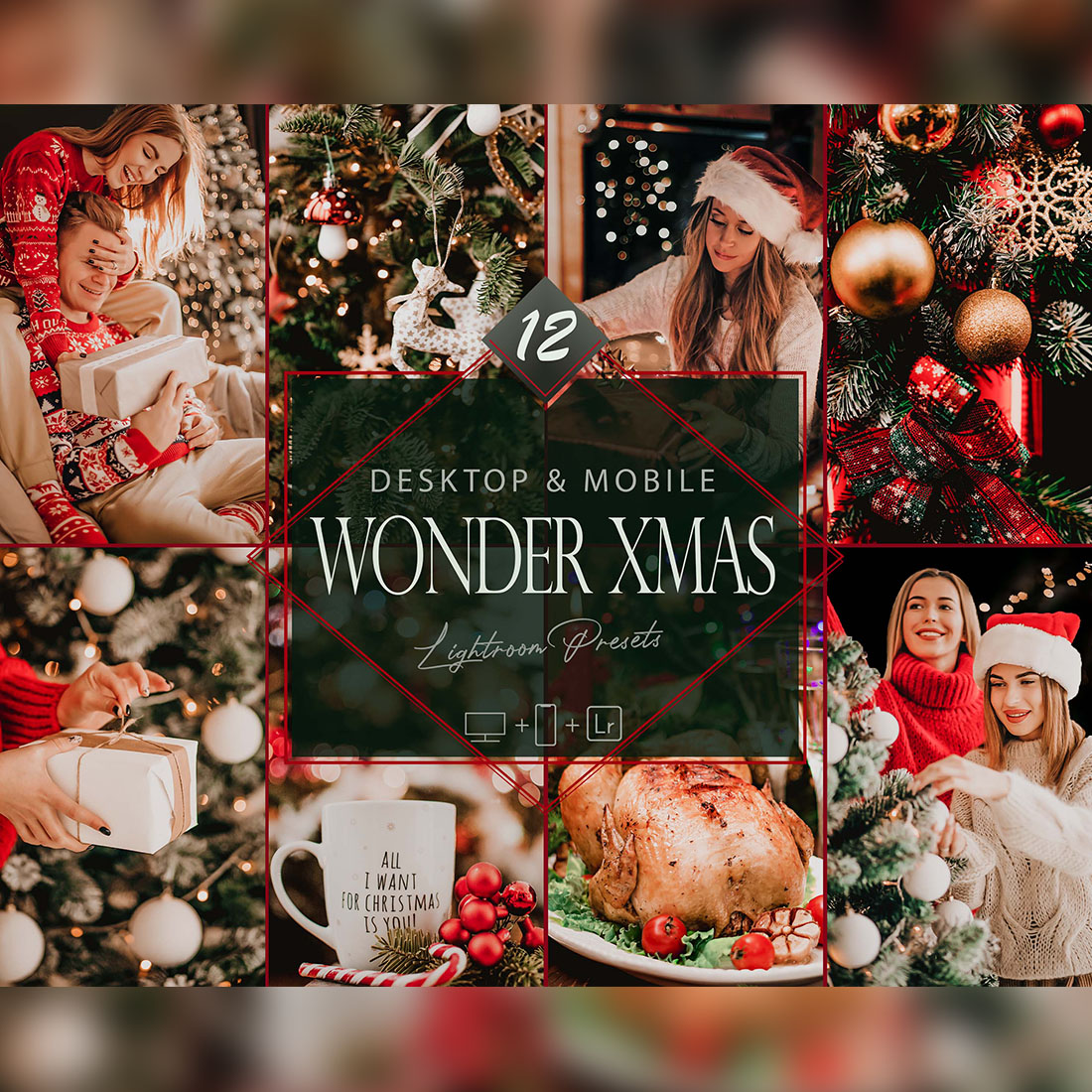 12 Wonder Xmas Lightroom Presets, Christmas Mobile Preset, Moody Desktop LR Filter DNG Portrait Lifestyle Top Theme Blogger Instagram cover image.