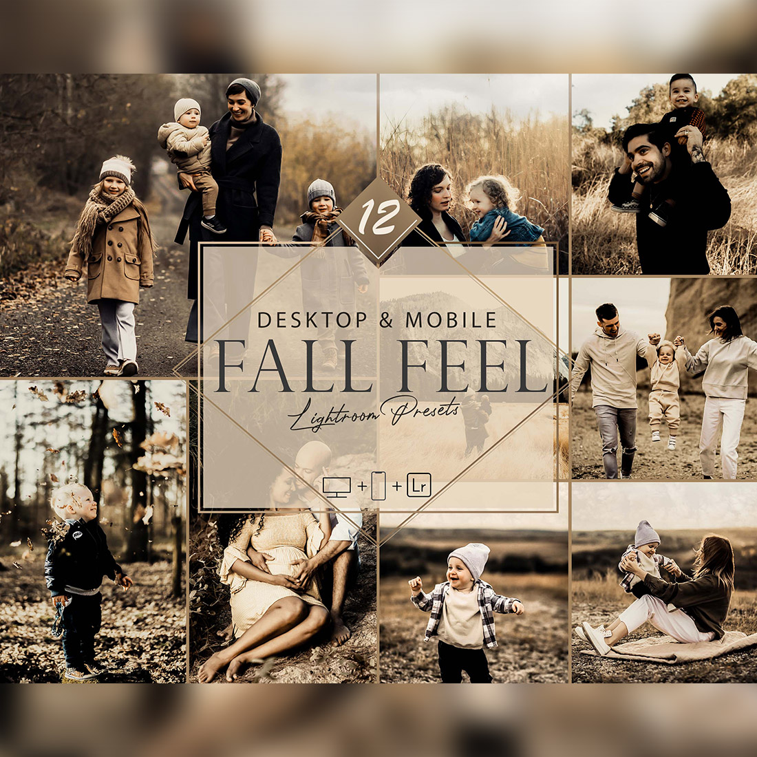 12 Fall Feel Lightroom Presets, Moody Autumn Preset, Orange Desktop LR Filter DNG Portrait Lifestyle Top Theme Blogger Instagram cover image.