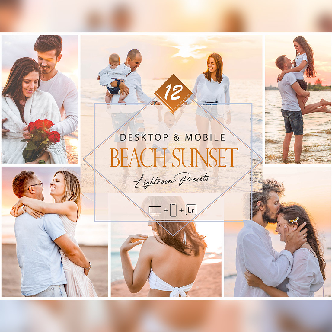 12 Beach Sunset Lightroom Presets, Sunrise Preset, Bright Desktop LR Filter, DNG Portrait Lifestyle, Top Theme, Spring Blogger Instagram cover image.