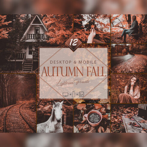 12 Autumn Fall Lightroom Presets, Dark Moody Mobile Preset, Orange Desktop LR Filter DNG Portrait Lifestyle Top Theme Blogger Instagram cover image.