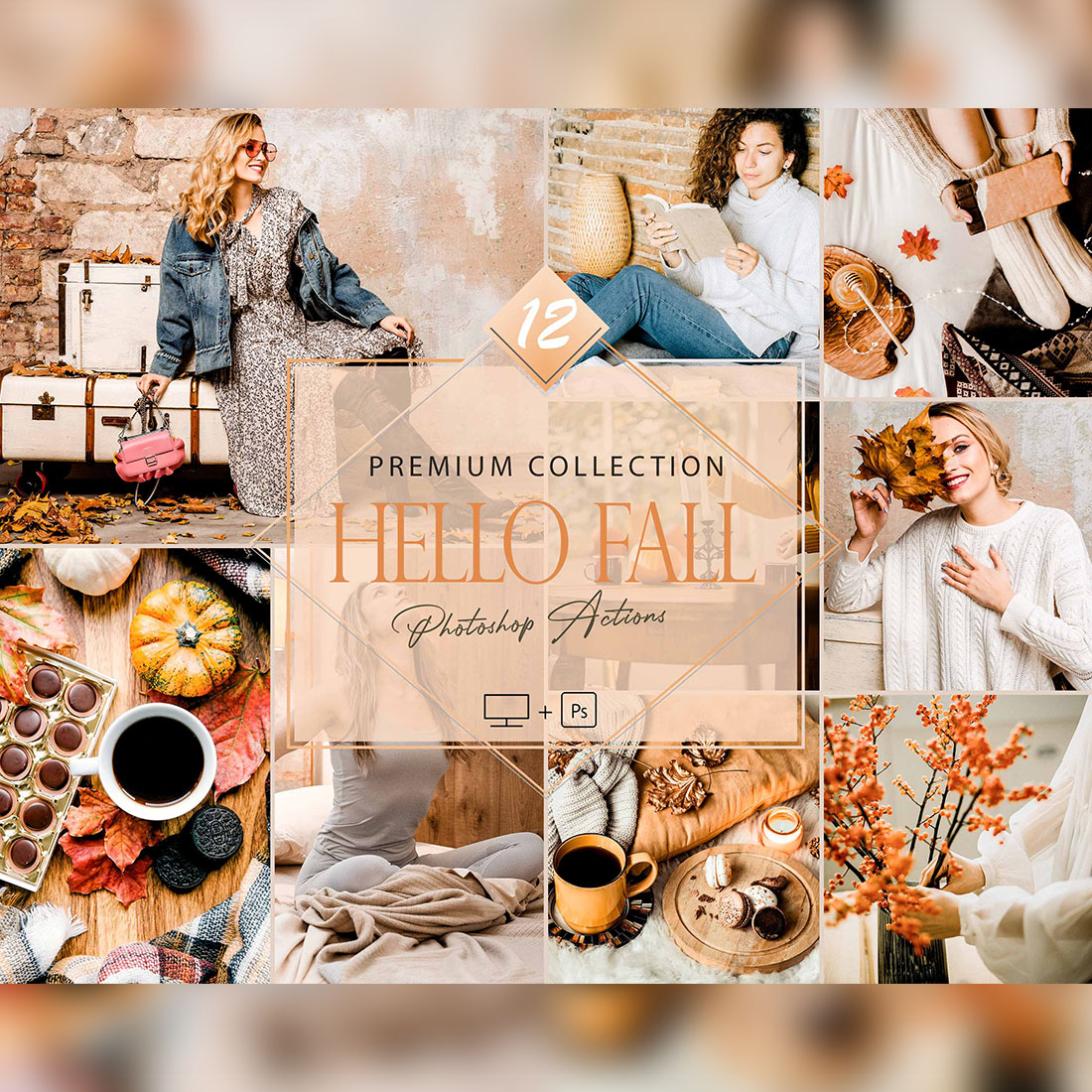 12 Photoshop Actions, Hello Fall Ps Action, Bright ACR Preset, Fall Filter, Lifestyle Theme For Instagram, Autumn Presets, Warm portrait cover image.