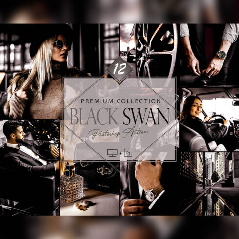 12 Black Swan Photoshop Action, Moody Mobile Preset, Noir Gray Desktop LR Filter, DNG Bright Portrait Lifestyle Theme Blogger Instagram cover image.