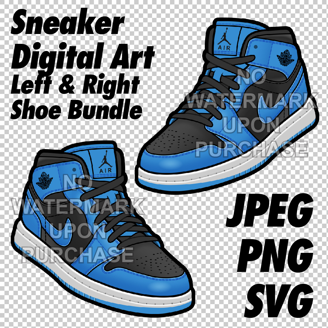 Air Jordan 1 mid Black University Blue digital sneaker art in JPEG PNG SVG files cover image.