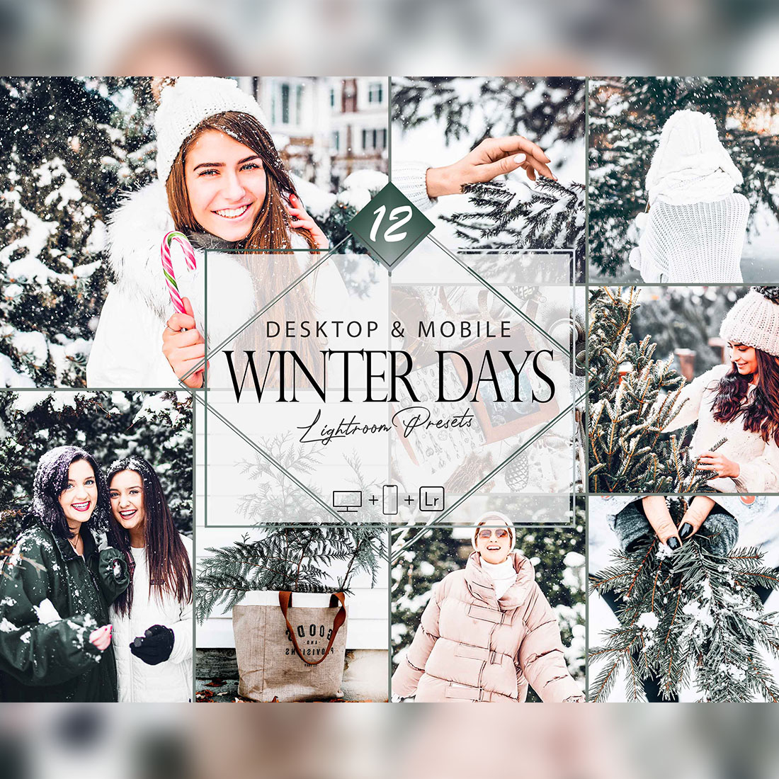 12 Winter Days Lightroom Presets, Cool Season Preset, Warm Christmas Desktop LR Filter, DNG Portrait Lifestyle, Top Theme, Autumn Blogger Instagram cover image.