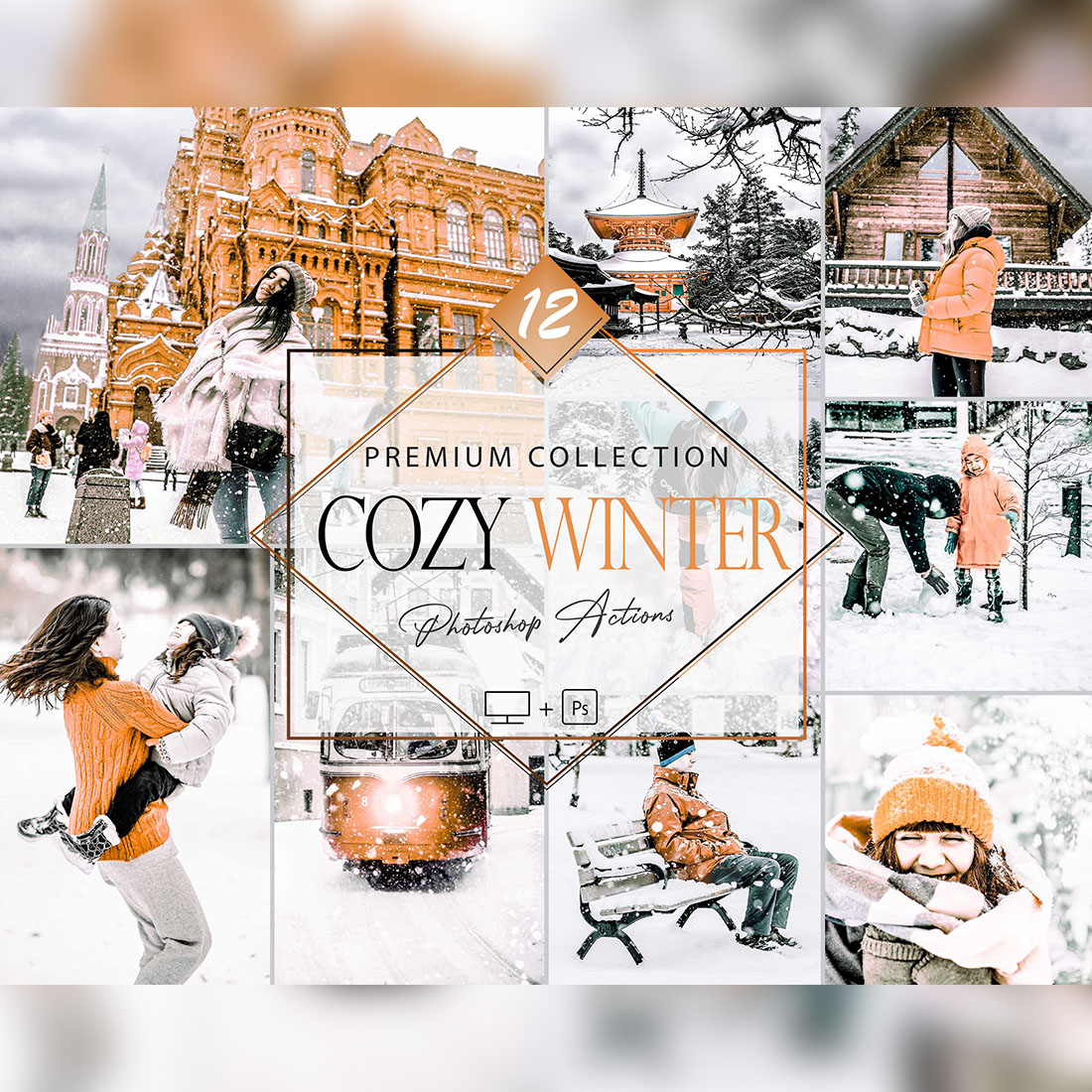 12 Cozy Winter Photoshop Actions, Brigh Snow ACR Preset, Light Orange Ps Filter, Portrait And Lifestyle Theme For Instagram, Blogger cover image.