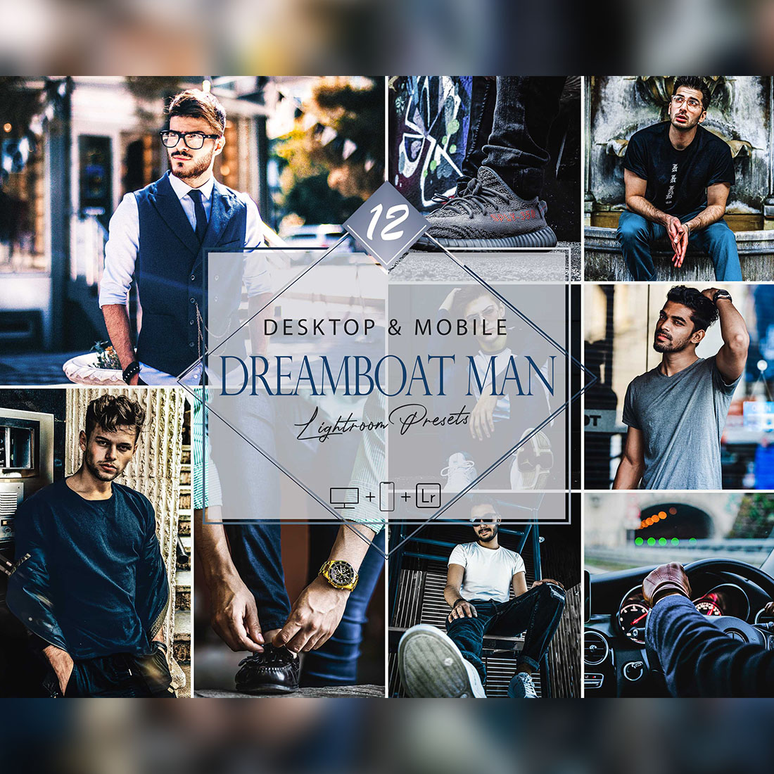 12 Dreamboat Man Lightroom Presets, Fashion Men HDR Saturation Preset, Trendy Desktop LR Filter, DNG Portrait Lifestyle, Top Theme, Summer Blogger Instagram cover image.