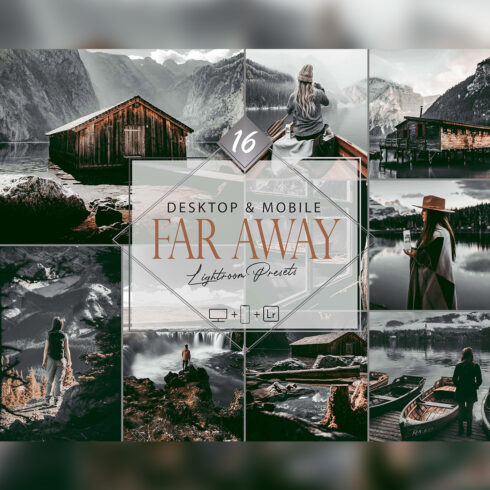 16 Far Away Lightroom Presets, Gray Landscape Preset, Noir Desktop LR Filter, DNG Portrait Lifestyle, Top Theme, Winter Blogger Instagram cover image.