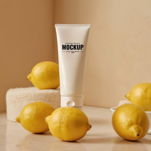 Facewash Tube Mockup In a Beige Room Surrounded By Lemons cover image.