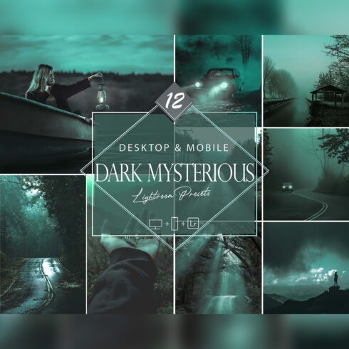 12 Dark Mysterious Lightroom Presets, Green Mobile Preset, Mystery Desktop LR Filter DNG Portrait Lifestyle Theme Bright Blogger Instagram cover image.