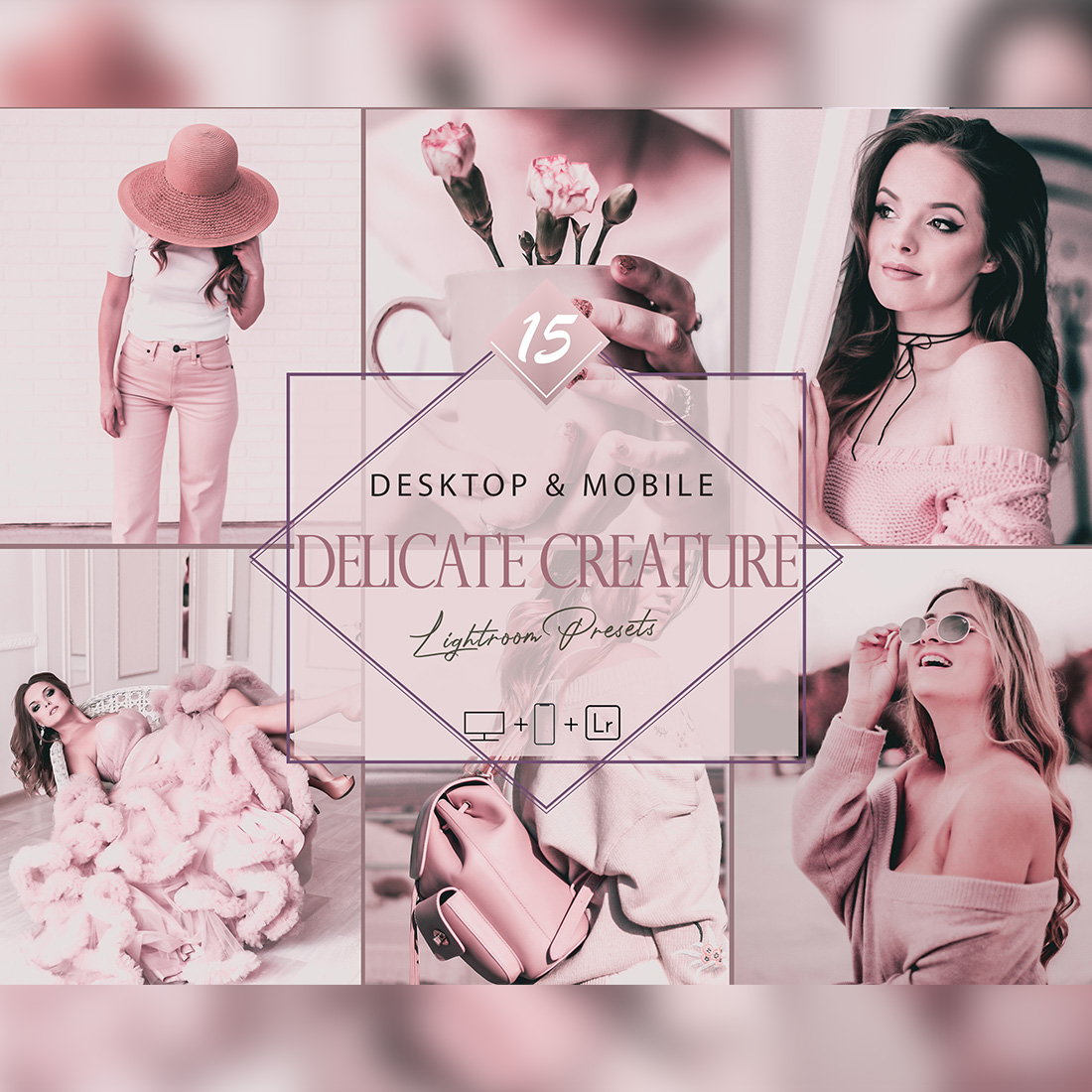 15 Delicate Creature Lightroom Presets, Love Mobile Preset, Pink Desktop LR Filter DNG Artist Movie Theme Blogger Instagram cover image.