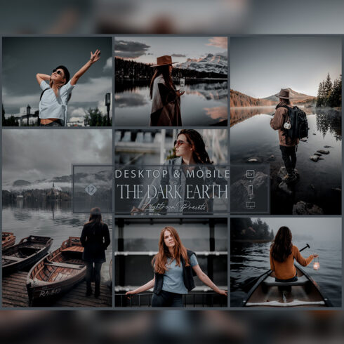 12 The Dark Earth Lightroom Presets, Blue Gray Preset, Moody Desktop LR Filter, DNG Portrait General, Top Theme, Blog Instagram, Darkened cover image.