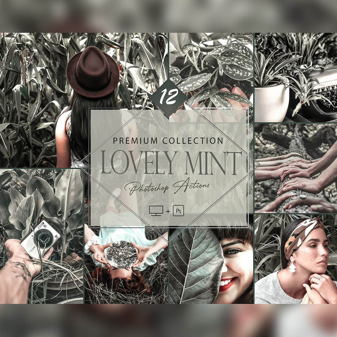12 Lovely Mint Photoshop Actions, Spring ACR Preset, Green Ps Filter, Portrait And Lifestyle Theme For Instagram, Blogger, Summer Outdoor cover image.