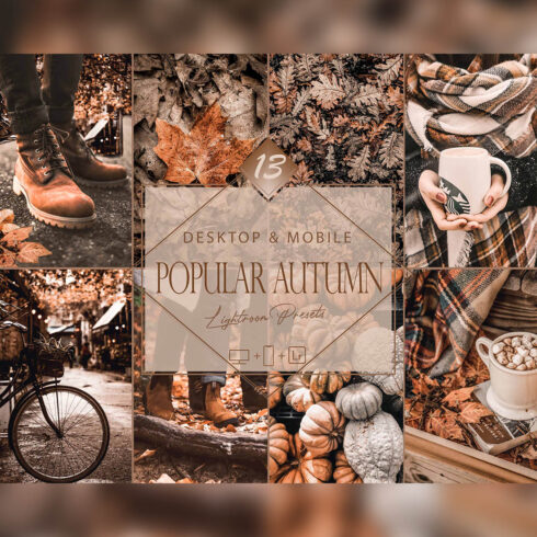 13 Popular Autumn Lightroom Presets, Earthy Mobile Preset, Orange Fall Desktop LR Filter DNG Portrait Lifestyle Top Theme Blogger Instagram cover image.