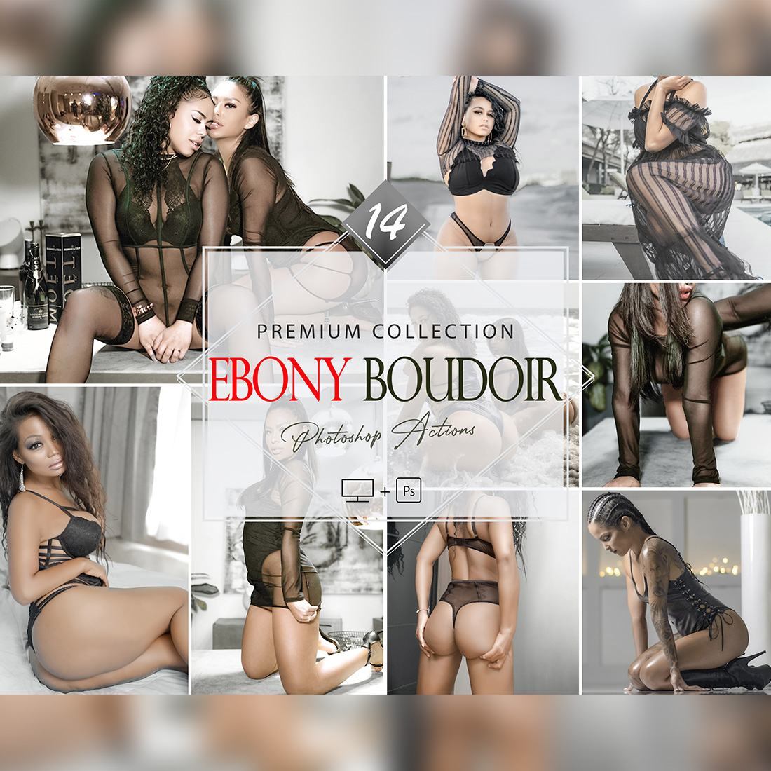 14 Ebony Boudoir Photoshop Actions, Sexy Natural ACR Preset, Atractive girl Filter, Portrait And Lifestyle Theme For Instagram, Blogger, Outdoor cover image.