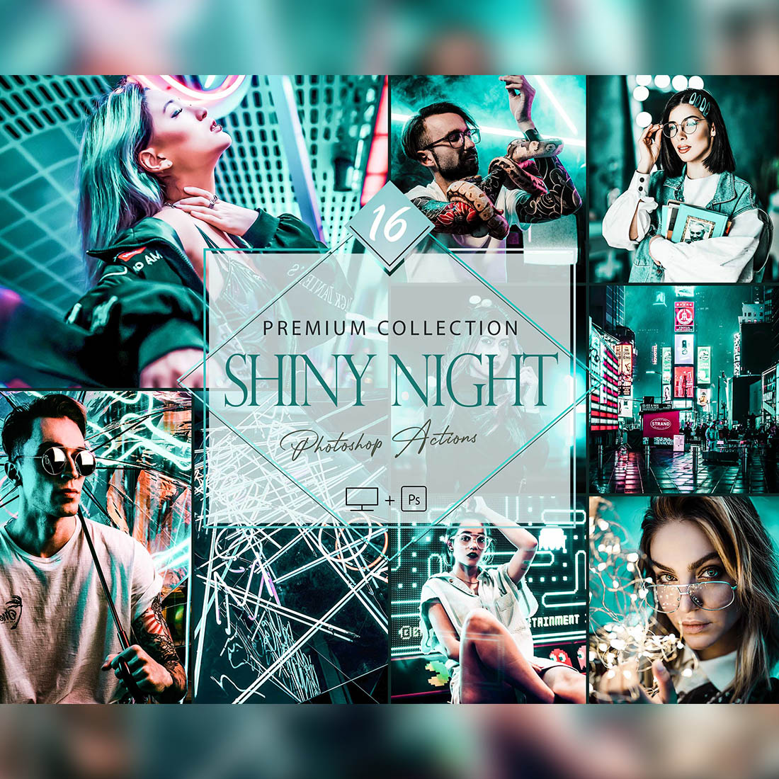 16 Photoshop Actions, Shiny Night Ps Action, Moody ACR Preset, Neon Filter, Lifestyle Theme For Instagram, Light Presets, Street Portrait cover image.