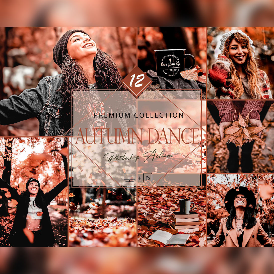 12 Photoshop Actions, Autumn Dance Ps Action, Orange ACR Preset, Saturation Filter, Lifestyle Theme For Instagram, Fall Blogger Instagram , Top Theme cover image.