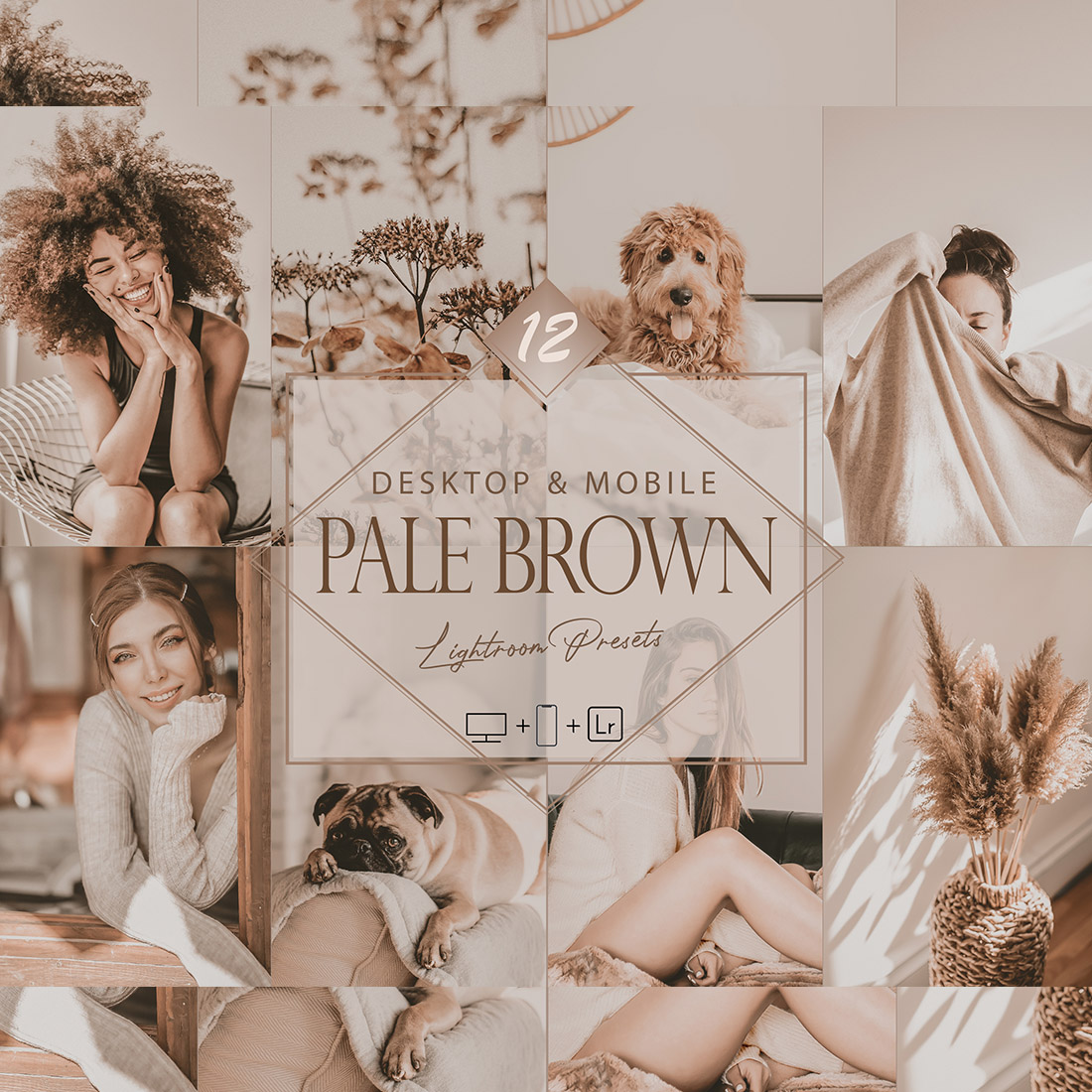 12 Pale Brown Lightroom Presets, Soft Mobile Preset, Brownie Desktop LR Filter DNG Portrait Lifestyle Top Theme Blogger Instagram cover image.