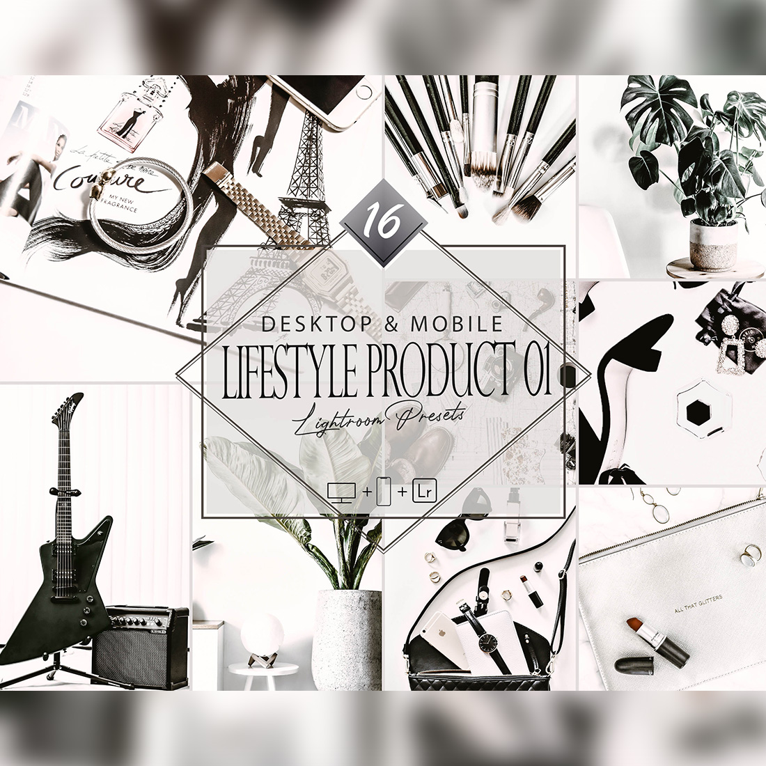 16 Lifestyle Product 01 Lightroom Presets, Flatlay Mobile Preset, Bright Items Desktop LR Filter DNG Portrait Top Theme Blogger Instagram cover image.