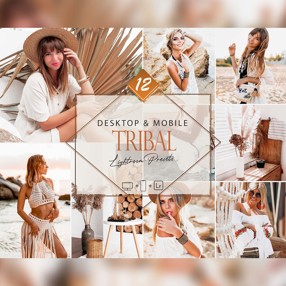 12 Tribal Lightroom Presets, Bohemian Preset, Bright Desktop LR Filter, DNG Portrait Lifestyle, Top Theme, Spring Blogger Instagram cover image.