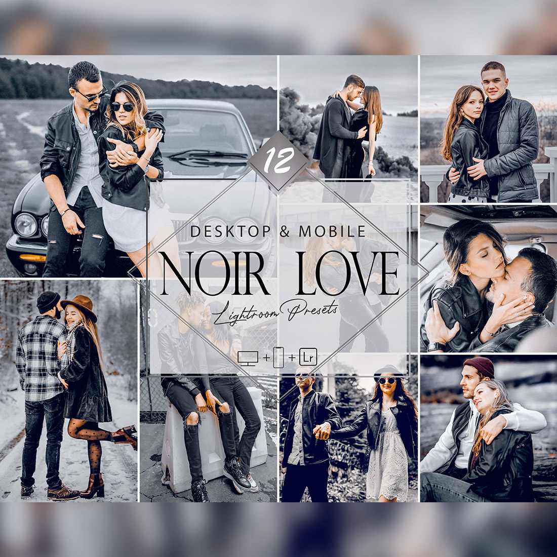 12 Noir Love Lightroom Presets, Gray Fashion Preset, Grey Romantic Desktop LR Filter, DNG Portrait Lifestyle, Top Theme, Blogger Instagram cover image.