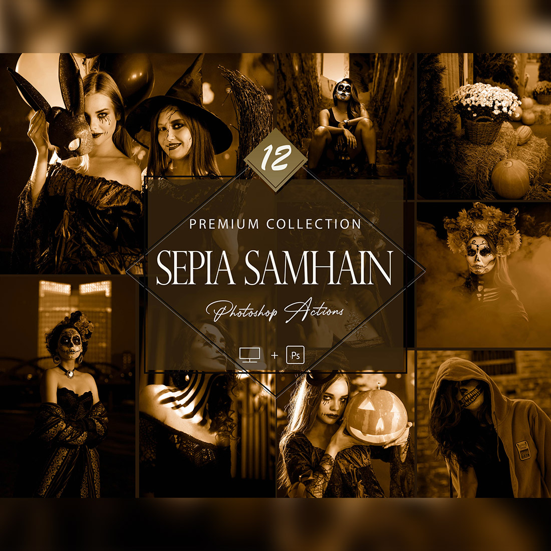 12 Sepia Samhain Photoshop Actions, Moody ACR Presets, Sepia Ps Action, Fall Desktop LR Filter, DNG Portrait Lifestyle, Top Theme, Blogger Instagram cover image.