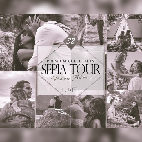 32 Sepia Tour Photoshop Action, Vintage Mobile Preset, Monocolor Moody Desktop LR Filter DNG Portrait Lifestyle Theme Blogger Instagram hue cover image.