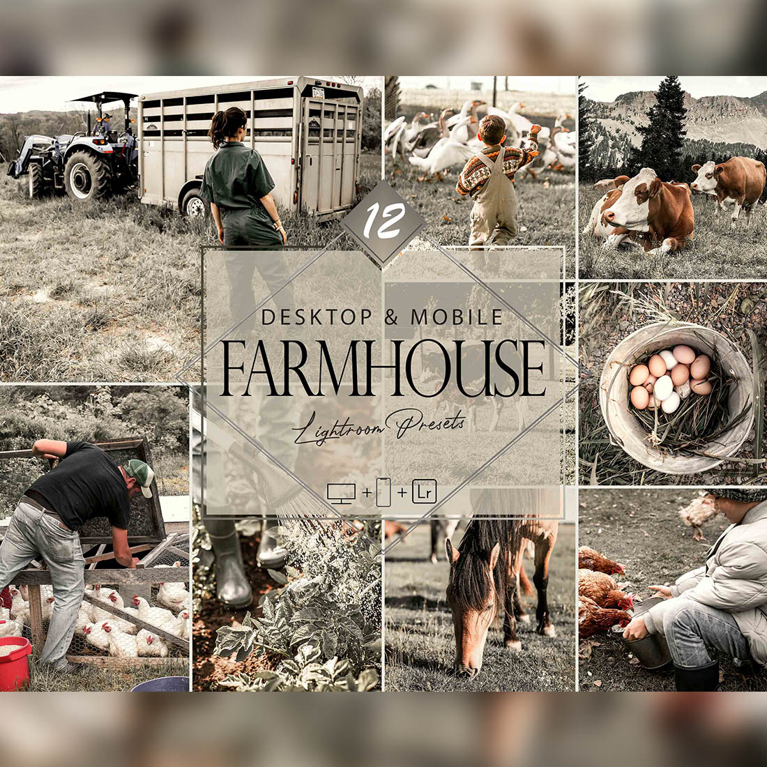 12 Farmhouse Lightroom Presets, Farmstead Preset, Green Autumn Desktop LR Filter, DNG Portrait Lifestyle, Top Theme, Fall Blogger Instagram cover image.