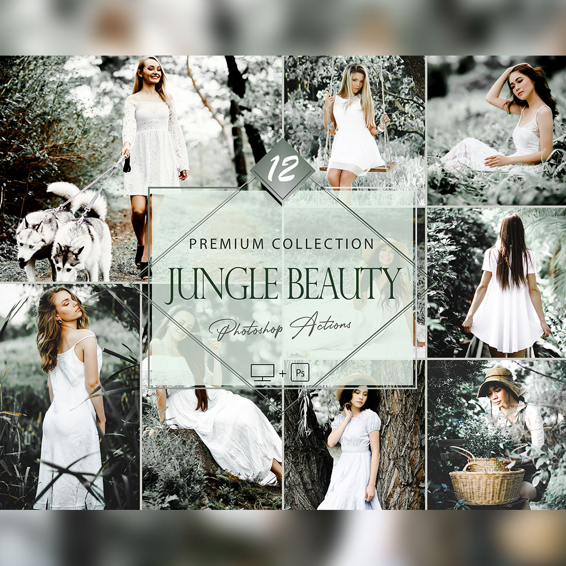 12 Photoshop Actions, Jungle Beauty Ps Action, Forest Cozy ACR Preset, Green Filter, Lifestyle Theme For Instagram, Coastline Offshore, Warm Portrait cover image.