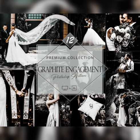 12 Graphite Engagement Photoshop Actions, Wedding ACR Preset, Monocolor Ps Filter, Portrait And Lifestyle Theme For Instagram, Blogger, Outdoor cover image.